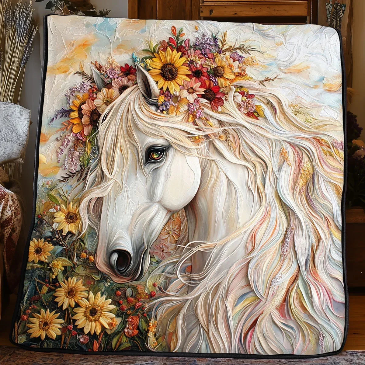 Flower White Horse Quilt Blanket