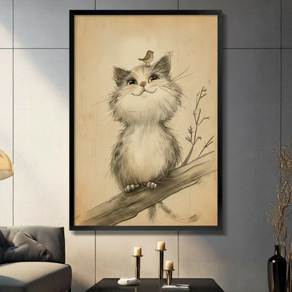 Vintage Sketch Kitten and Bird Canvas Wall Art