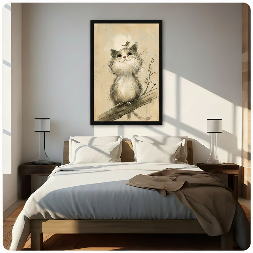 Vintage Sketch Kitten and Bird Canvas Wall Art