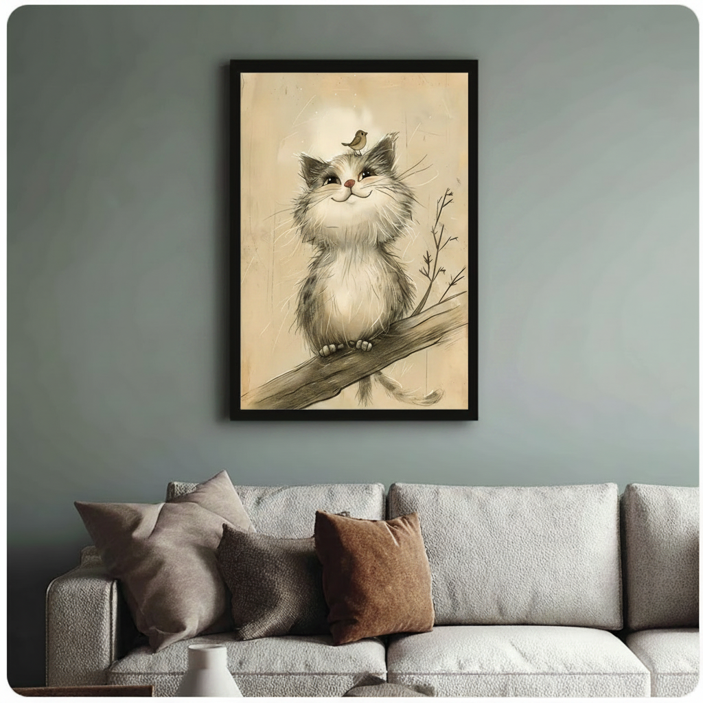 Vintage Sketch Kitten and Bird Canvas Wall Art