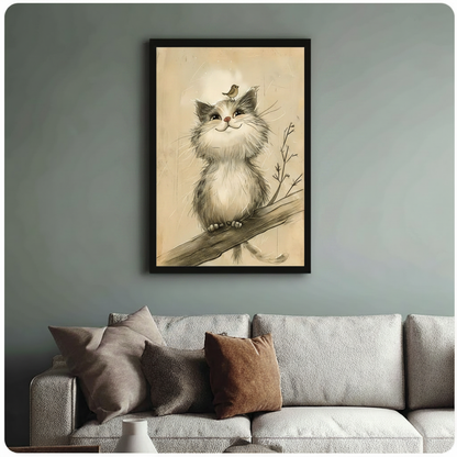 Vintage Sketch Kitten and Bird Canvas Wall Art
