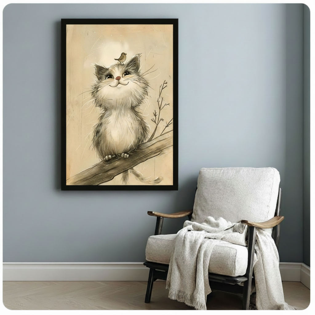 Vintage Sketch Kitten and Bird Canvas Wall Art