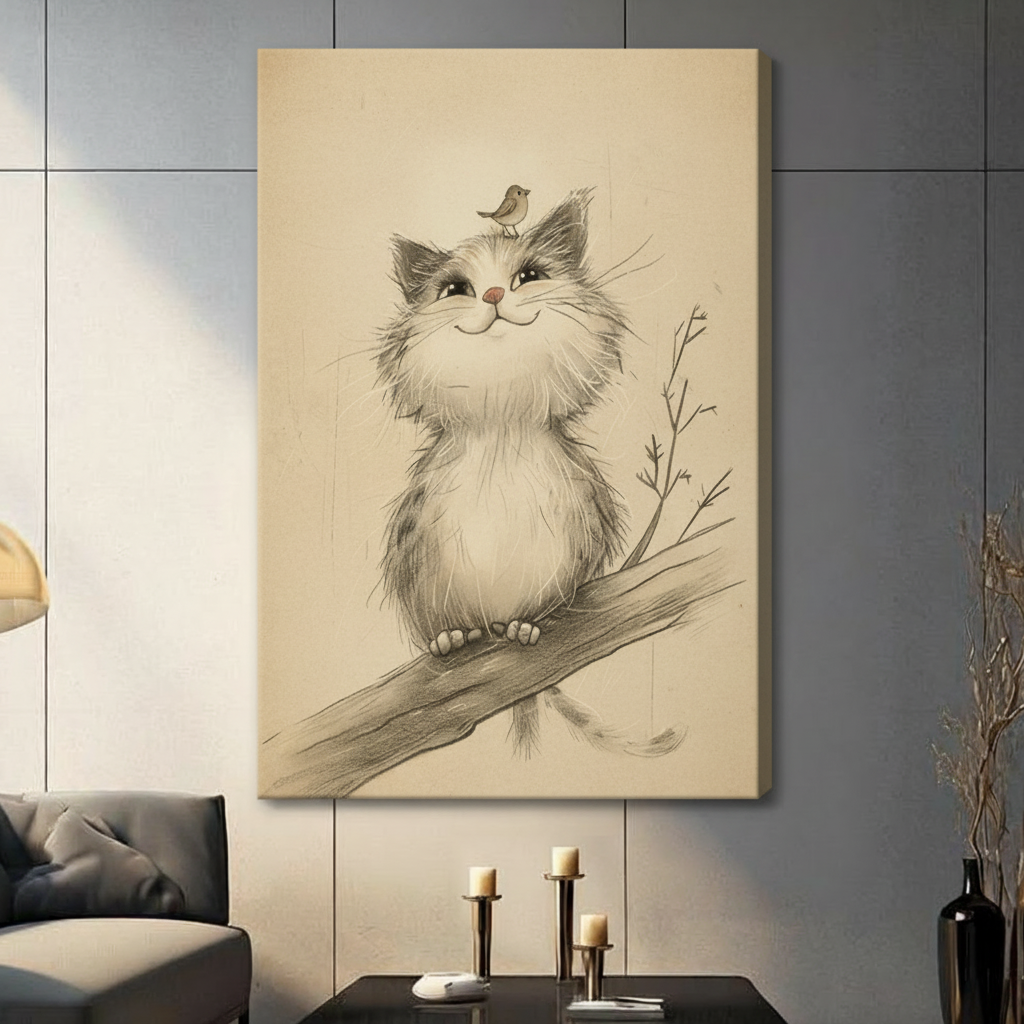 Vintage Sketch Kitten and Bird Canvas Wall Art