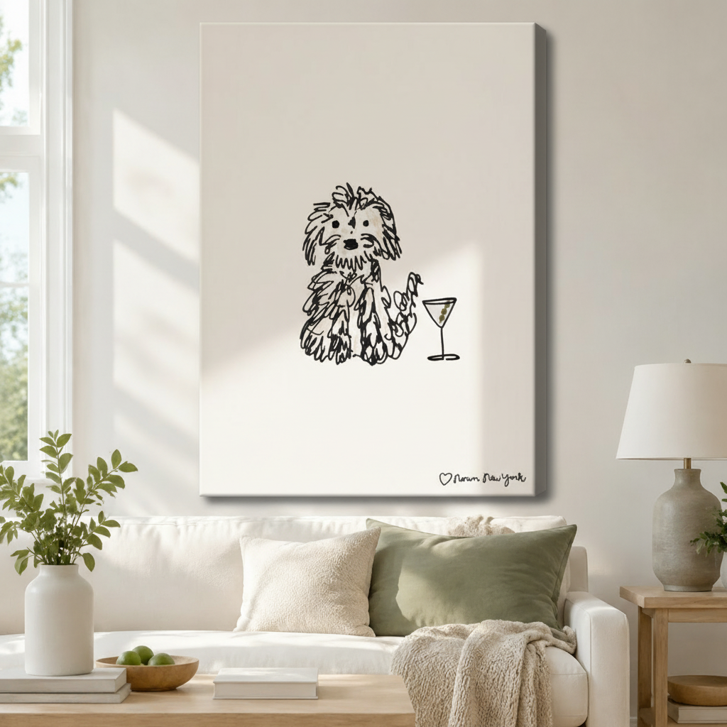 Whimsical Dog & Martini Sketch Framed Canvas Art