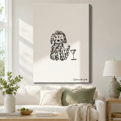 Whimsical Dog & Martini Sketch Framed Canvas Art