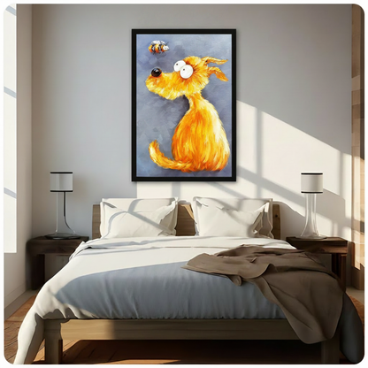 Fluffy Golden Dog and Bee Impasto Canvas Wall Art