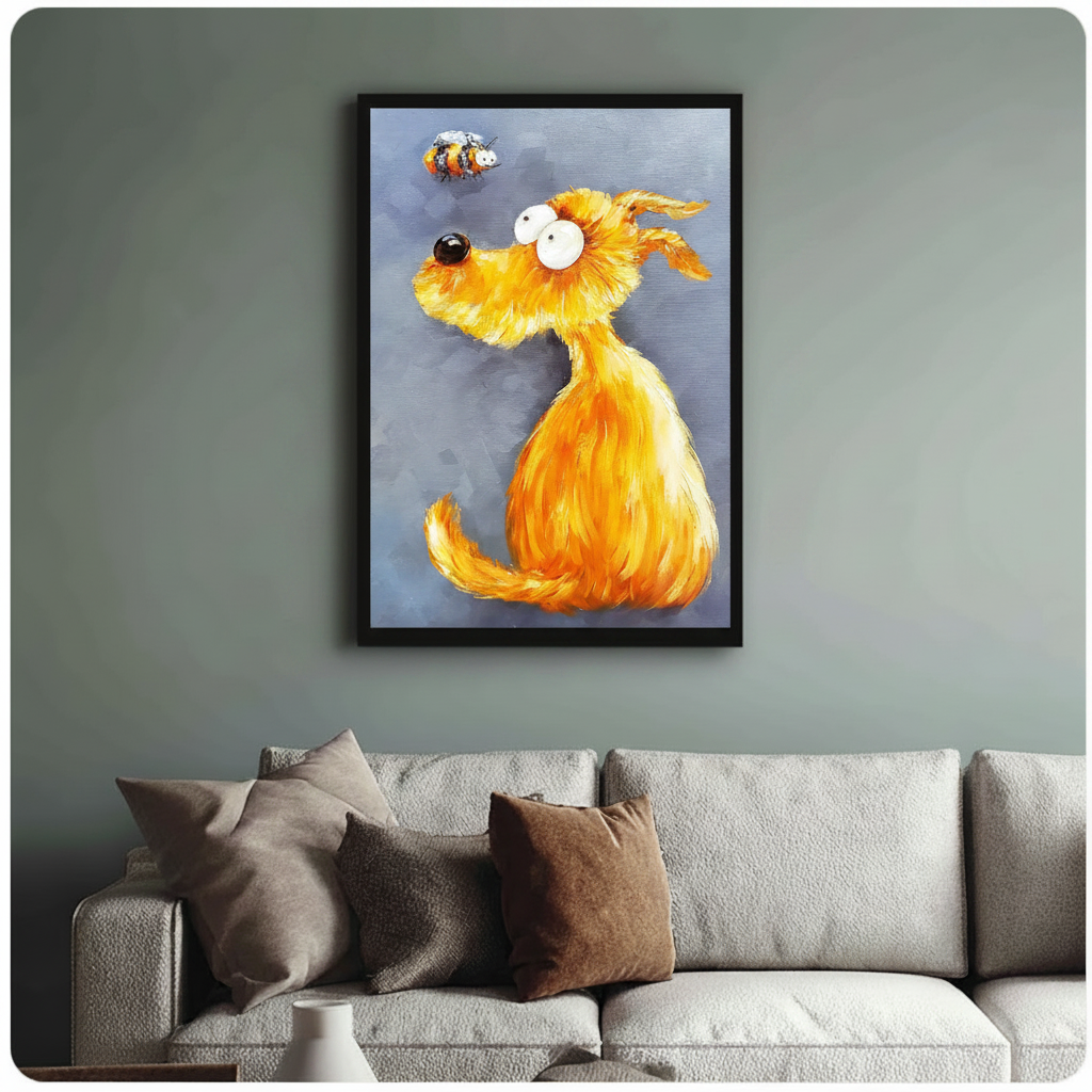 Fluffy Golden Dog and Bee Impasto Canvas Wall Art