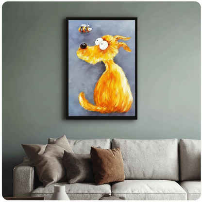 Fluffy Golden Dog and Bee Impasto Canvas Wall Art