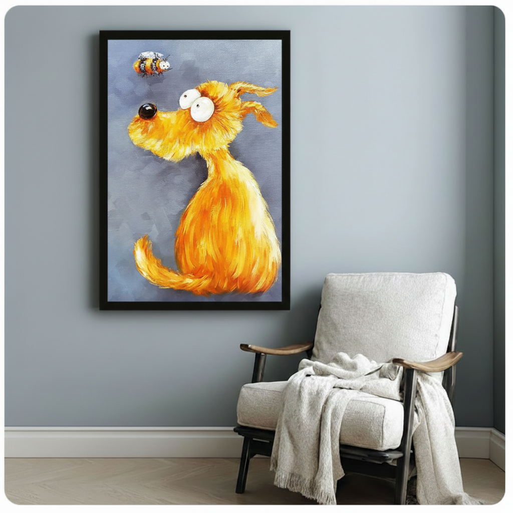 Fluffy Golden Dog and Bee Impasto Canvas Wall Art