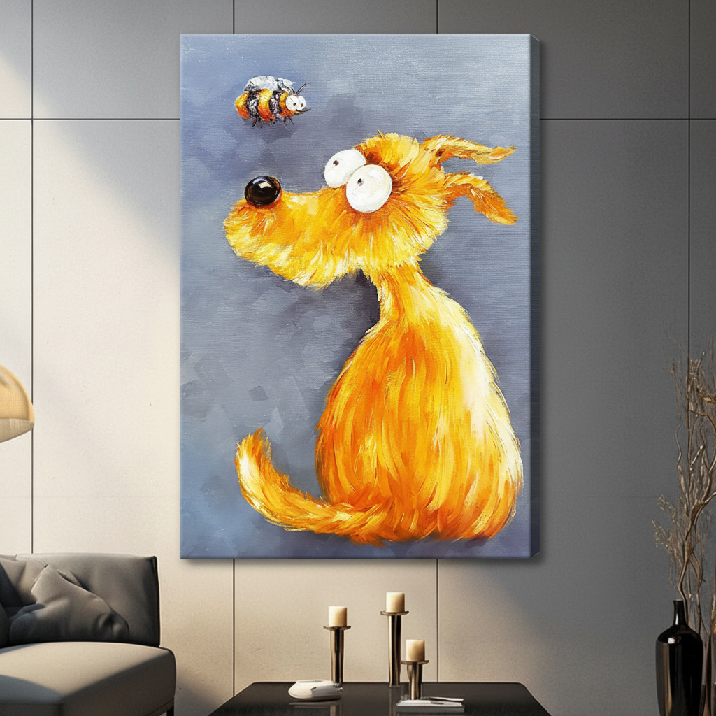 Fluffy Golden Dog and Bee Impasto Canvas Wall Art
