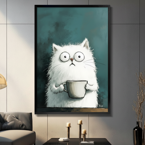 Fluffy White Cat Coffee Canvas Wall Art