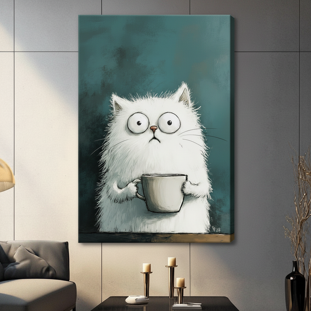 Fluffy White Cat Coffee Canvas Wall Art