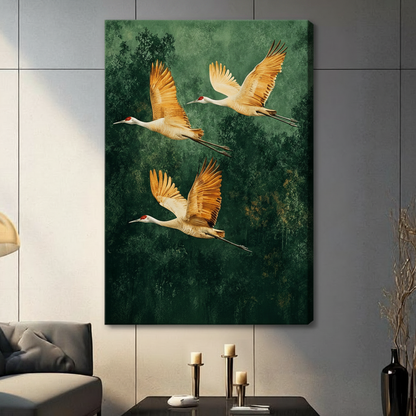 Golden Cranes Forest Canvas Wall Art