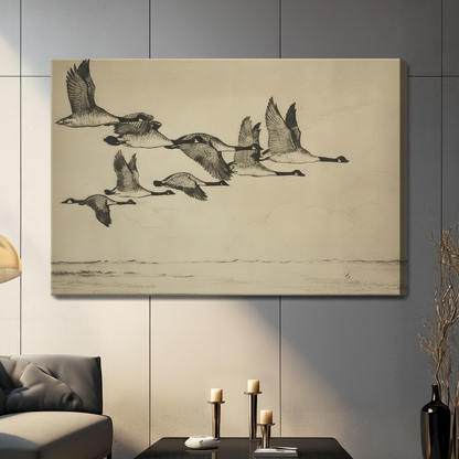 Vintage Canada Geese Sketch Flying Canvas Art