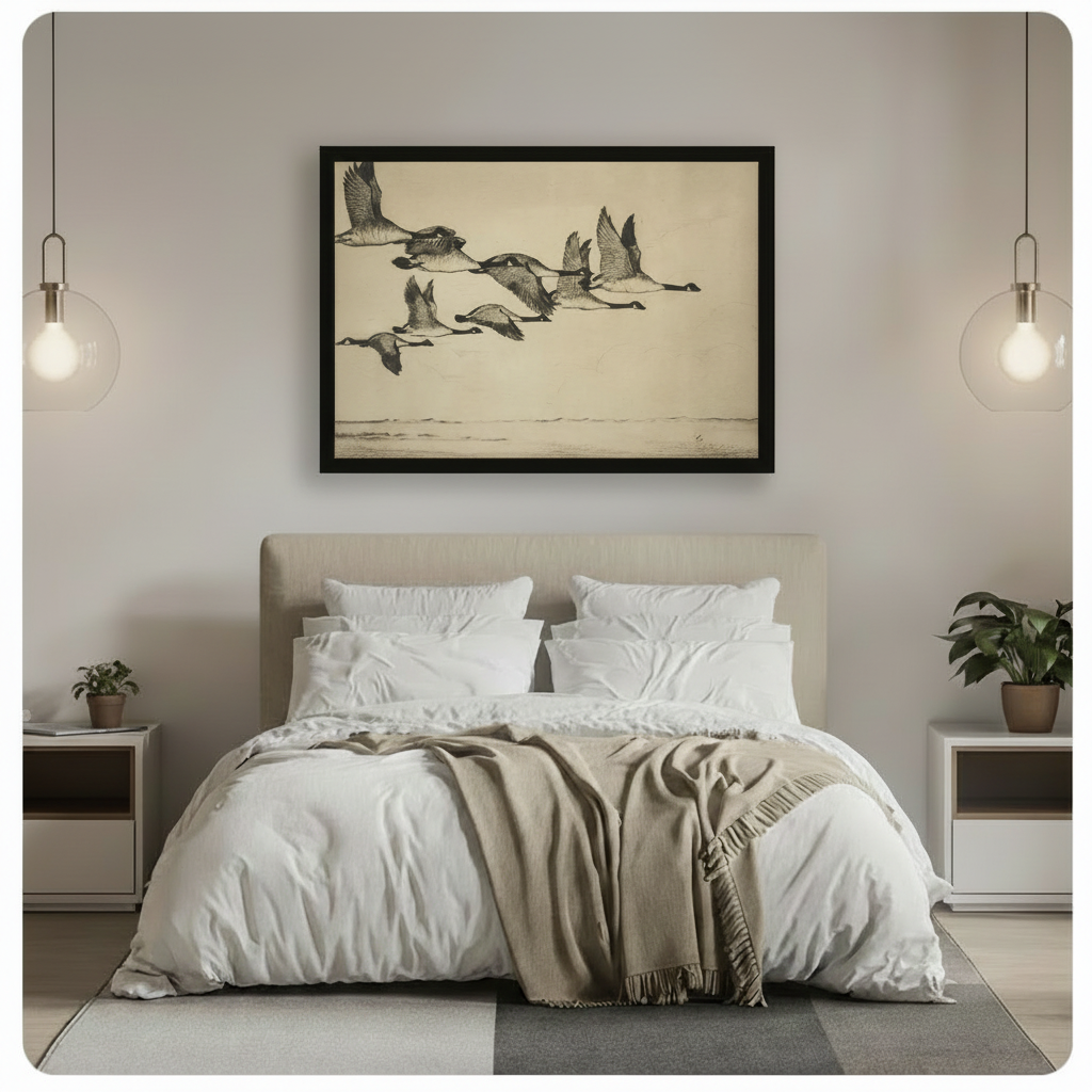 Vintage Canada Geese Sketch Flying Canvas Art