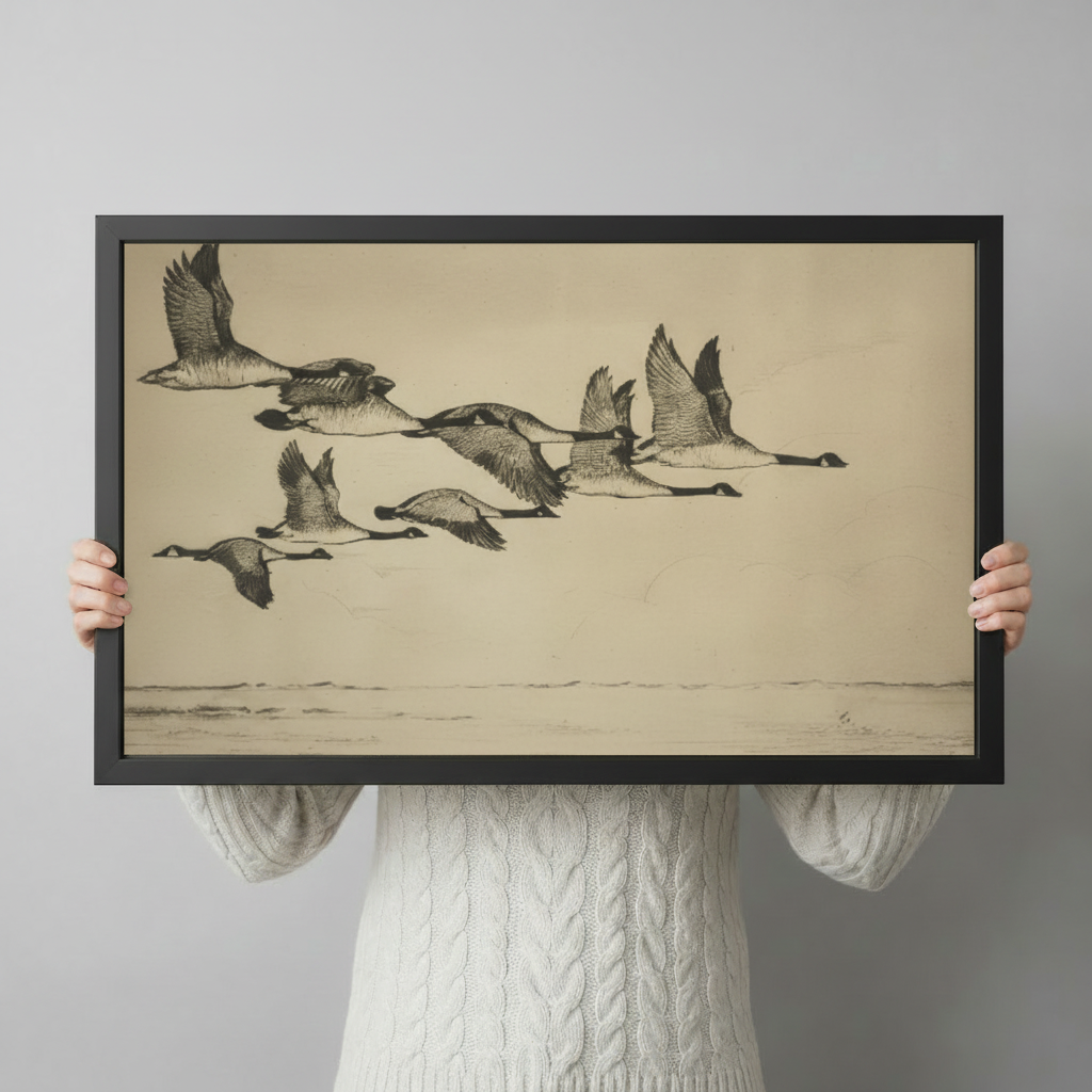 Vintage Canada Geese Sketch Flying Canvas Art