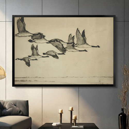Vintage Canada Geese Sketch Flying Canvas Art