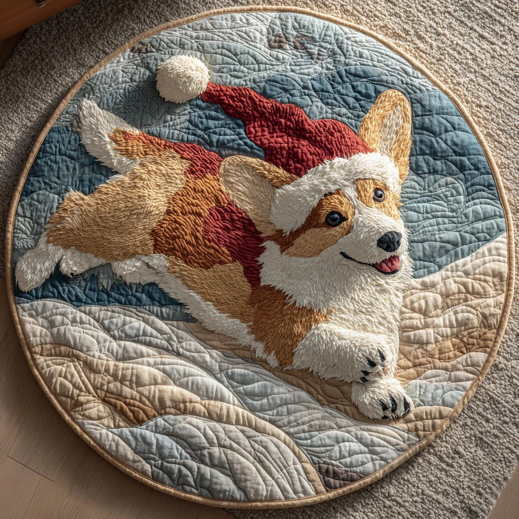 Flying Santa Corgi Quilted Round Mat