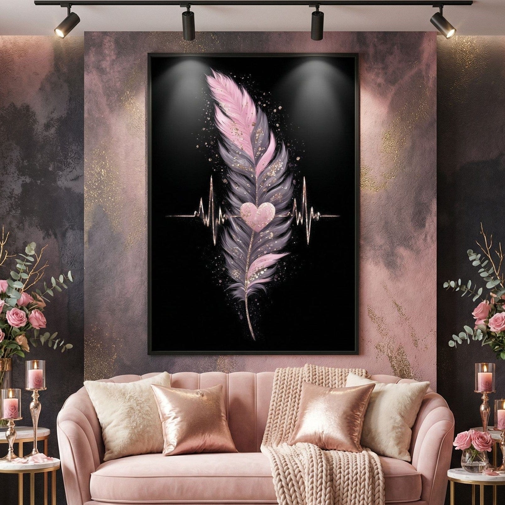 Feather Heartbeat Gold Pink Canvas Wall Art