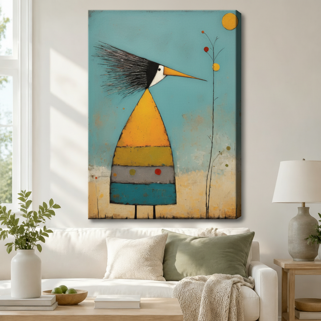 Folk Art Bird Striped Teal Whimsical Canvas Wall Art