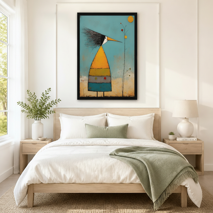 Folk Art Bird Striped Teal Whimsical Canvas Wall Art