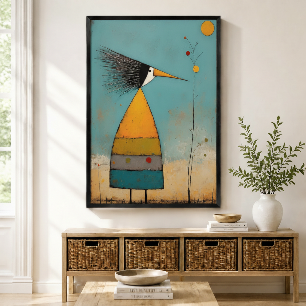 Folk Art Bird Striped Teal Whimsical Canvas Wall Art