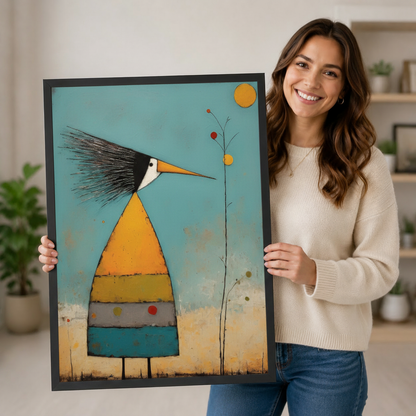 Folk Art Bird Striped Teal Whimsical Canvas Wall Art