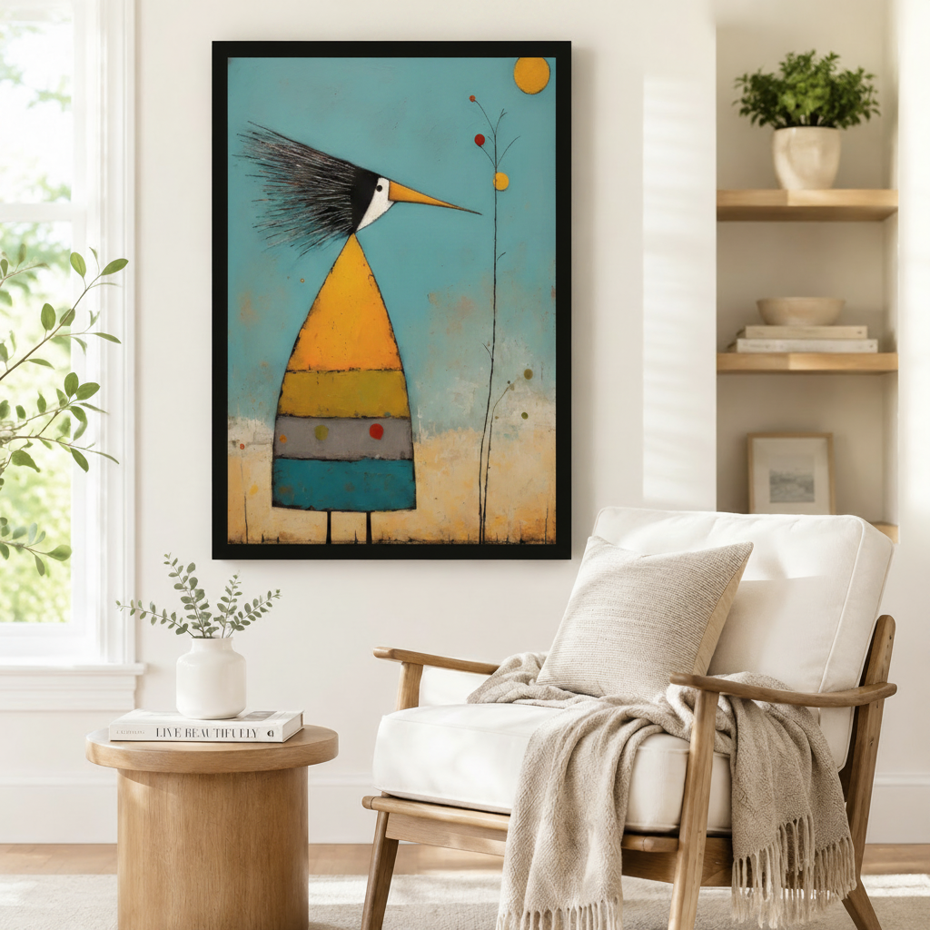Folk Art Bird Striped Teal Whimsical Canvas Wall Art