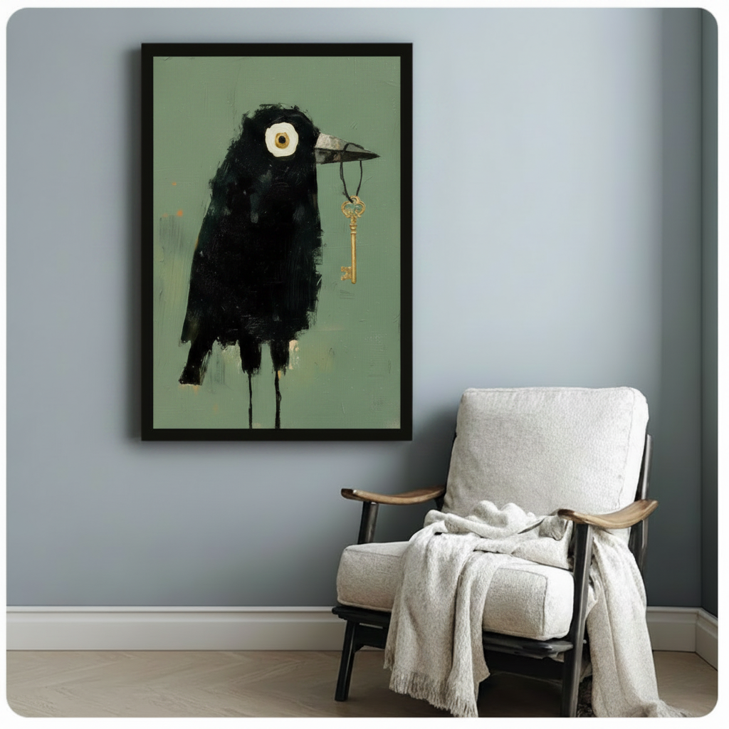 Dark Raven Gold Key Expressionist Canvas Art Wall Art