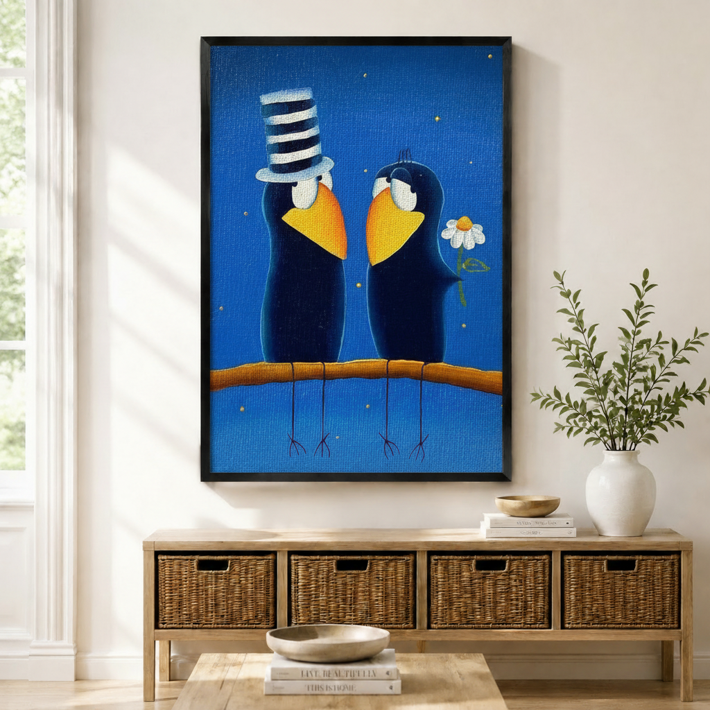 Love Birds Folk Art Blue Canvas Wall Art