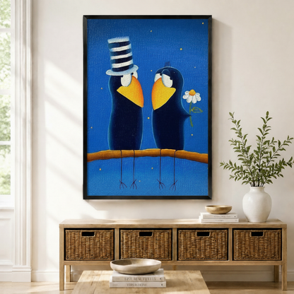 Love Birds Folk Art Blue Canvas Wall Art