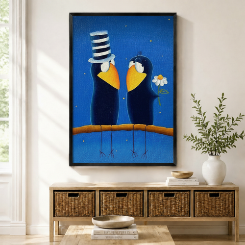 Love Birds Folk Art Blue Canvas Wall Art