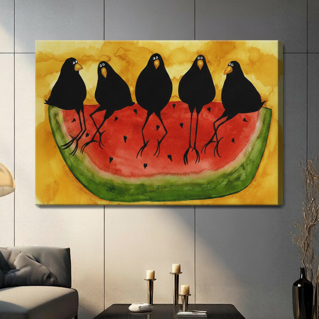 Crows Watermelon Folk Art Yellow Canvas Wall Art