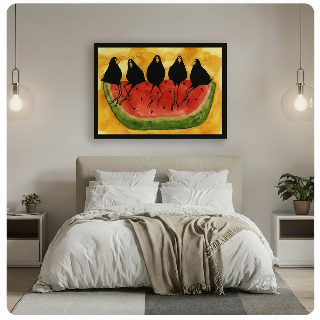 Crows Watermelon Folk Art Yellow Canvas Wall Art