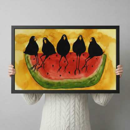Crows Watermelon Folk Art Yellow Canvas Wall Art