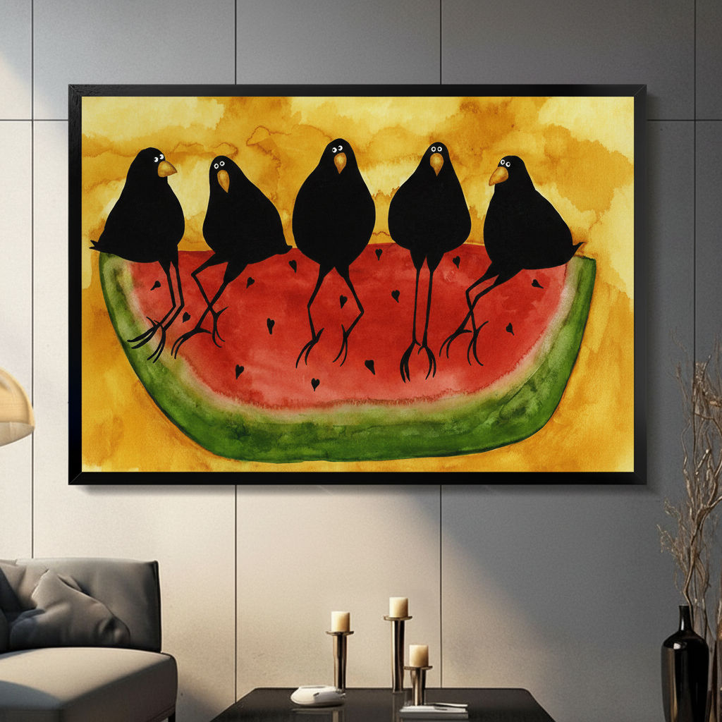 Crows Watermelon Folk Art Yellow Canvas Wall Art