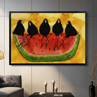 Crows Watermelon Folk Art Yellow Canvas Wall Art