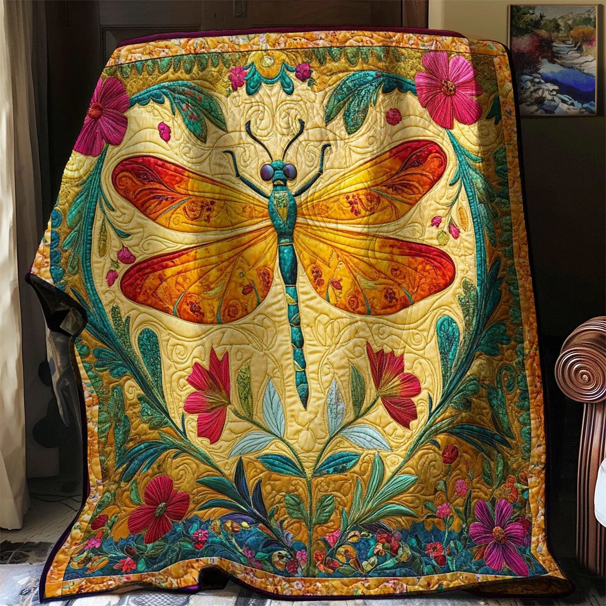 Folk Art Dragonfly Quilt Blanket