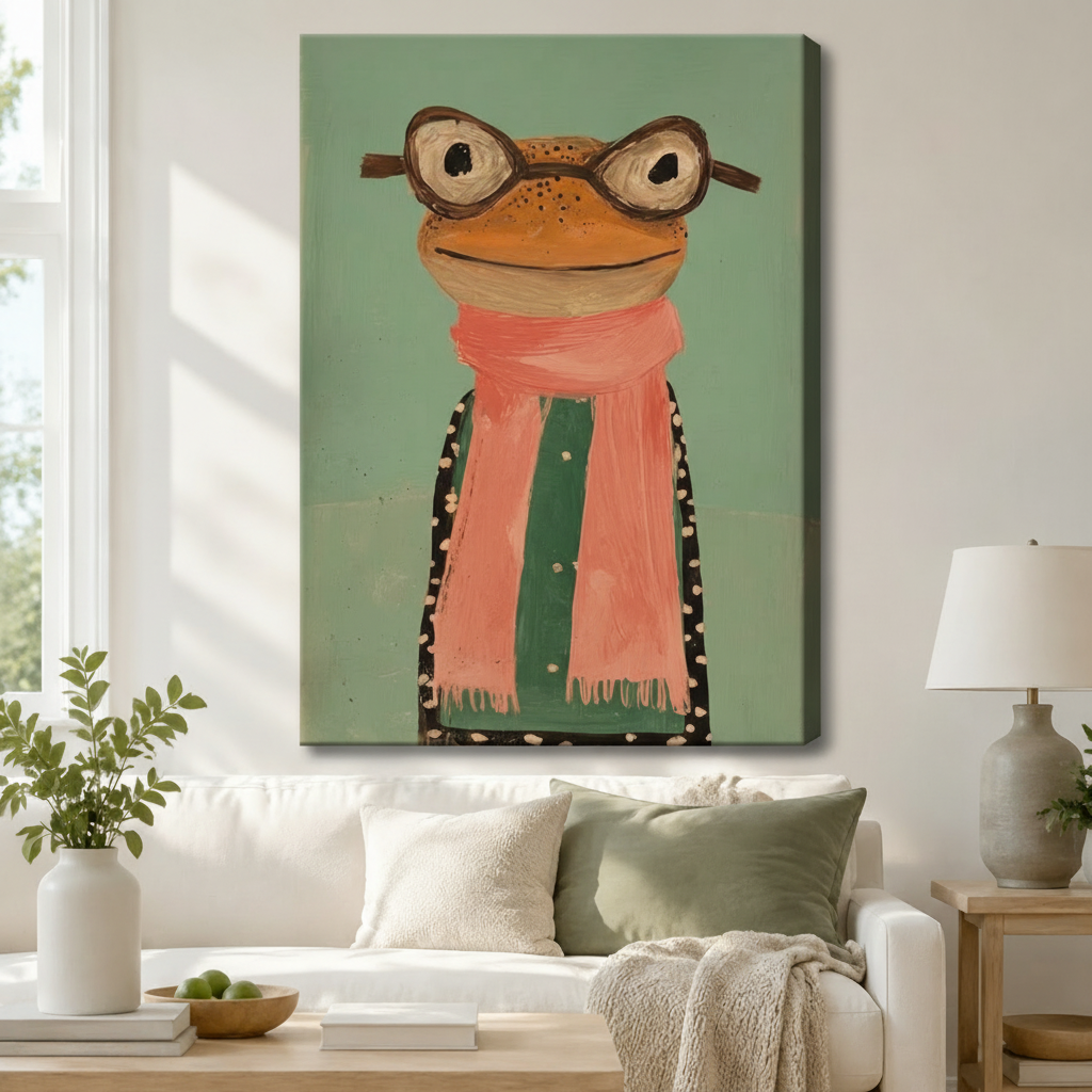 Folk Art Frog Glasses Scarf Whimsical Canvas Wall Art