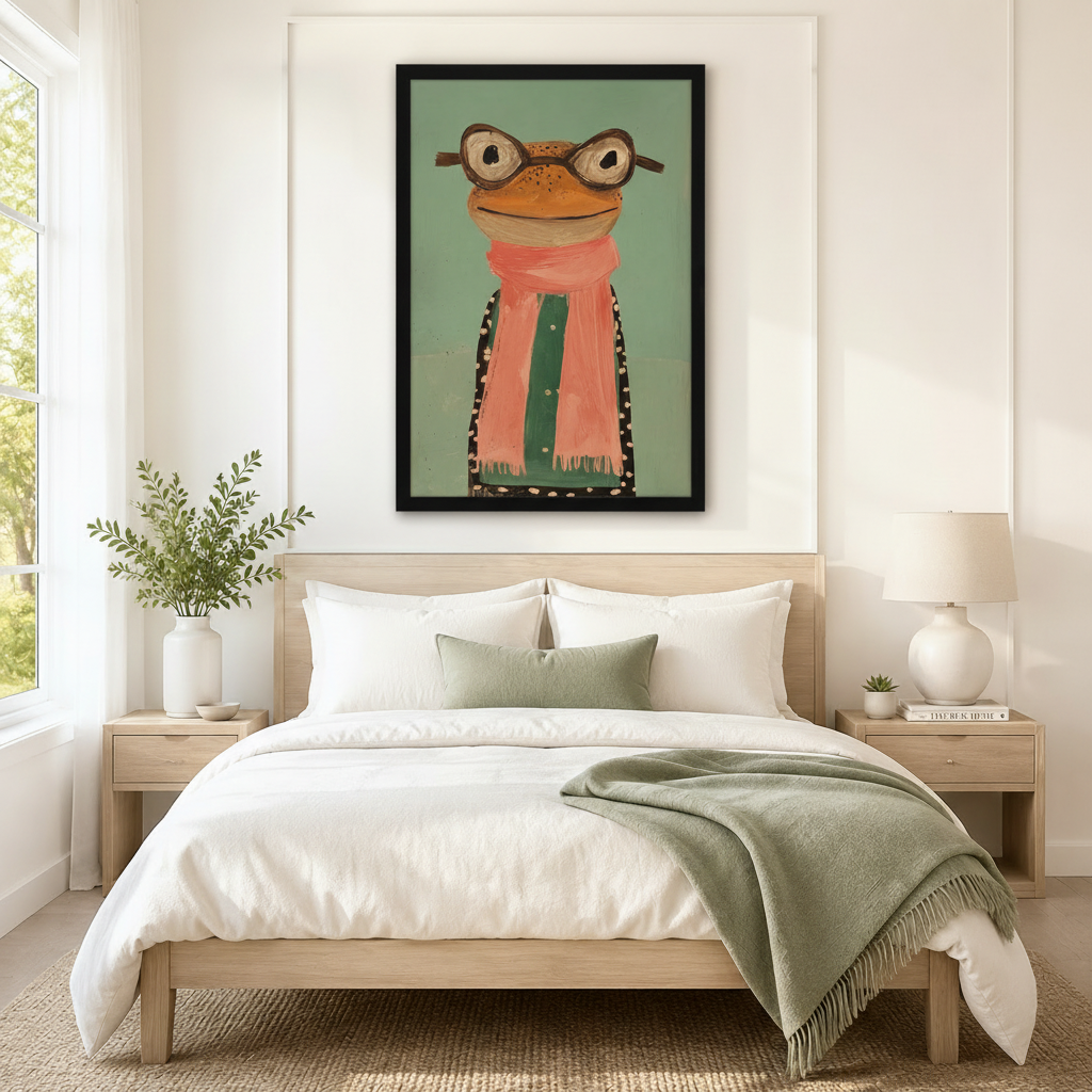 Folk Art Frog Glasses Scarf Whimsical Canvas Wall Art