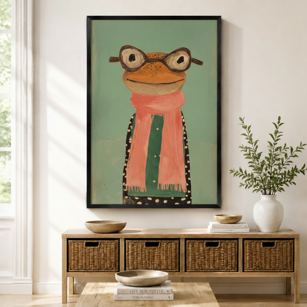 Folk Art Frog Glasses Scarf Whimsical Canvas Wall Art