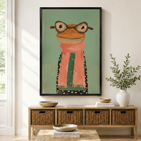 Folk Art Frog Glasses Scarf Whimsical Canvas Wall Art