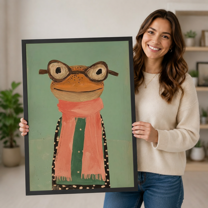 Folk Art Frog Glasses Scarf Whimsical Canvas Wall Art