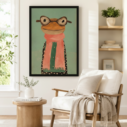 Folk Art Frog Glasses Scarf Whimsical Canvas Wall Art