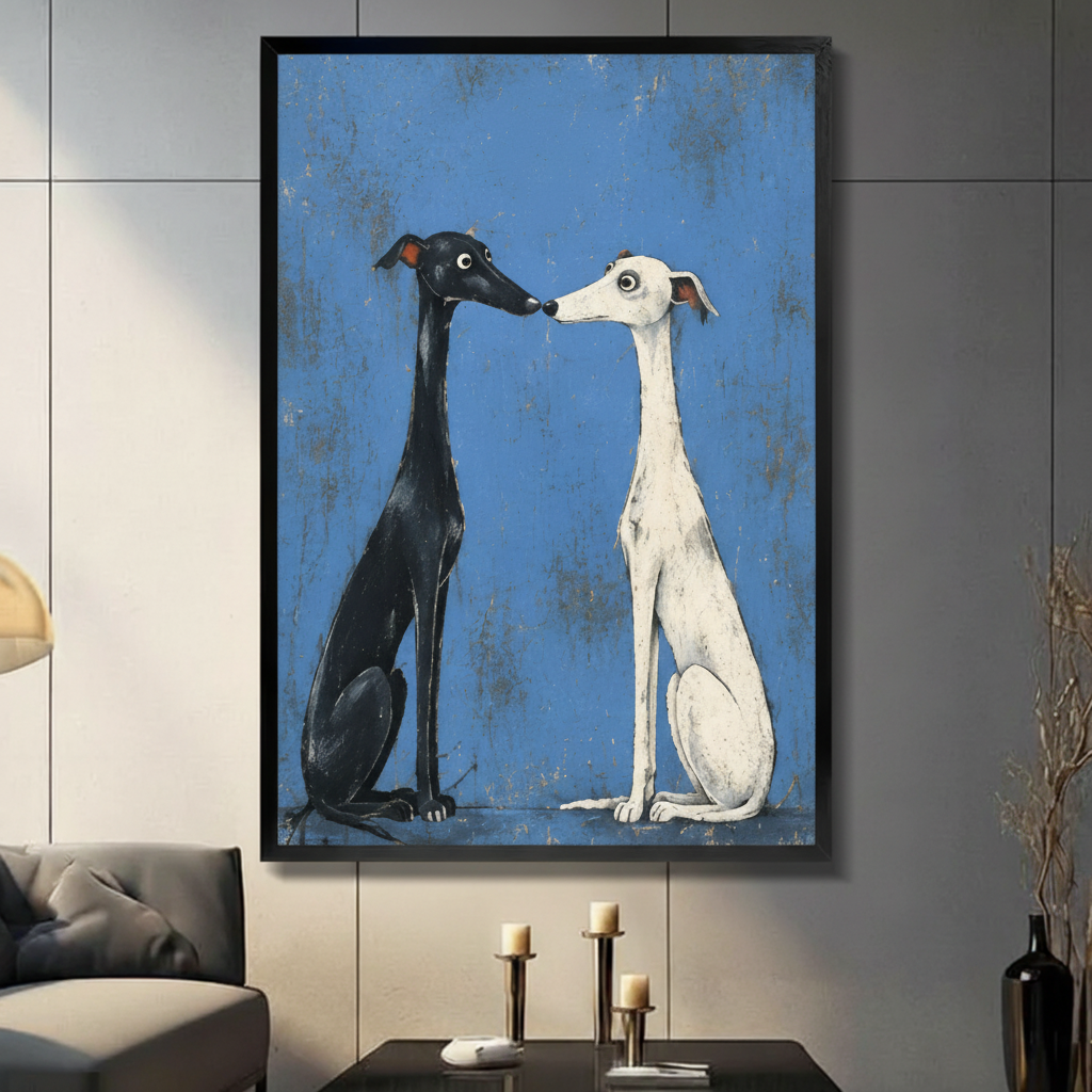 Nose to Nose – Black & White Greyhound Duo Framed Canvas