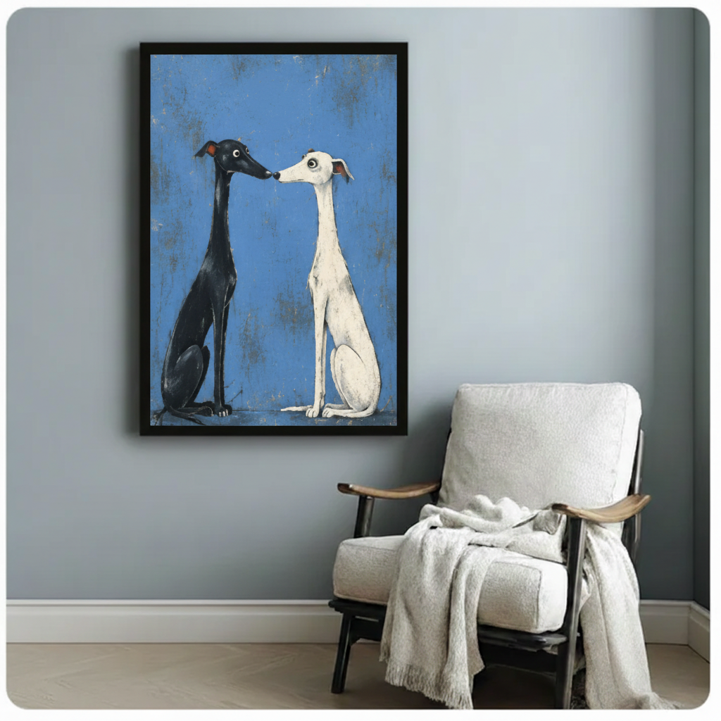 Nose to Nose – Black & White Greyhound Duo Framed Canvas