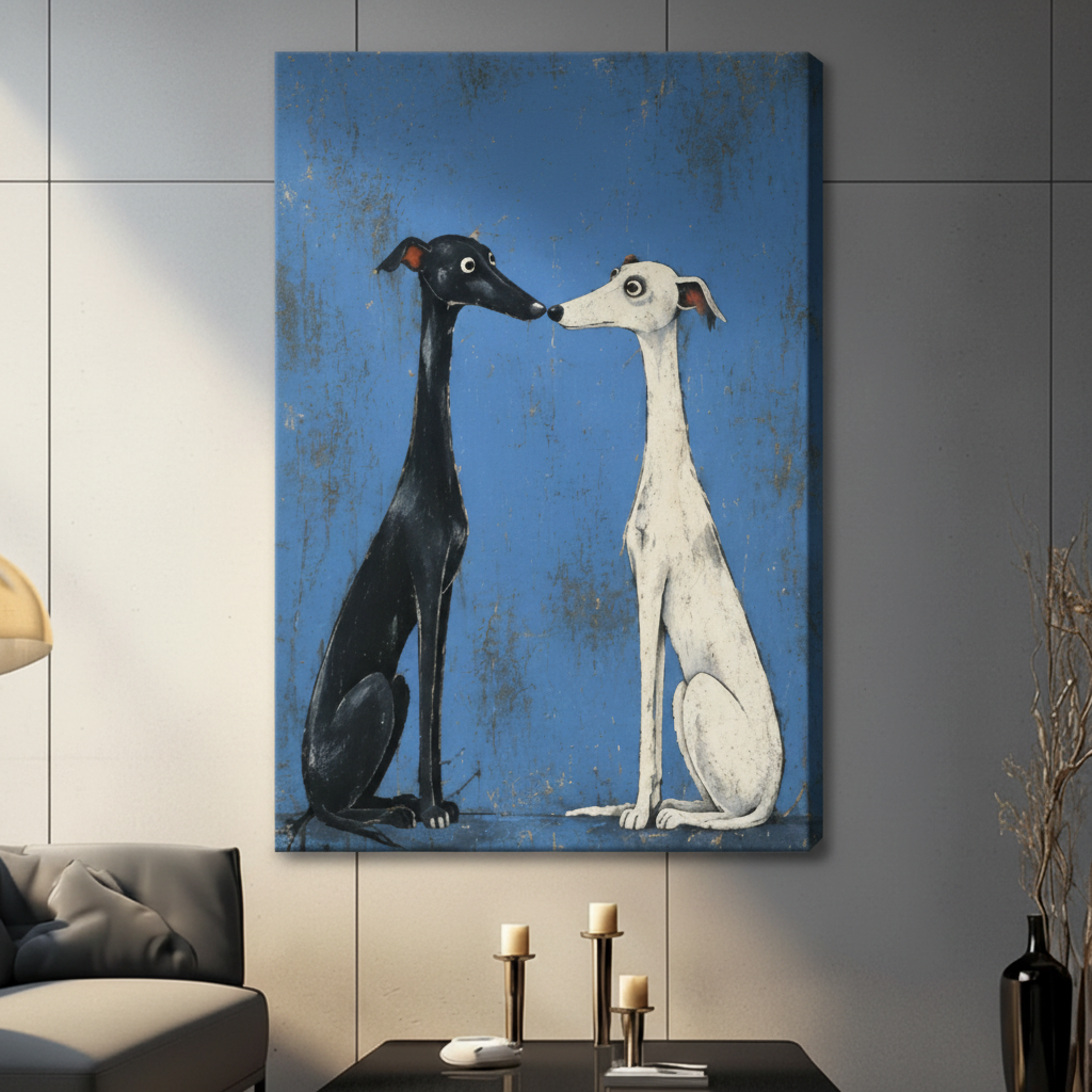 Nose to Nose – Black & White Greyhound Duo Framed Canvas