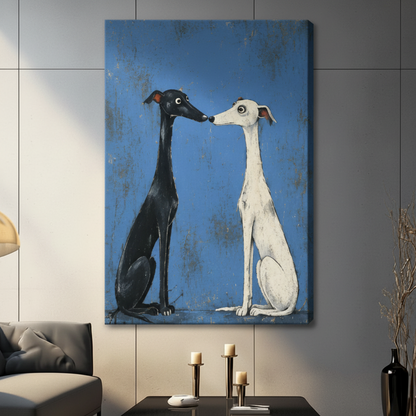 Nose to Nose – Black & White Greyhound Duo Framed Canvas