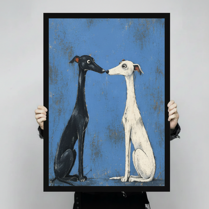 Nose to Nose – Black & White Greyhound Duo Framed Canvas
