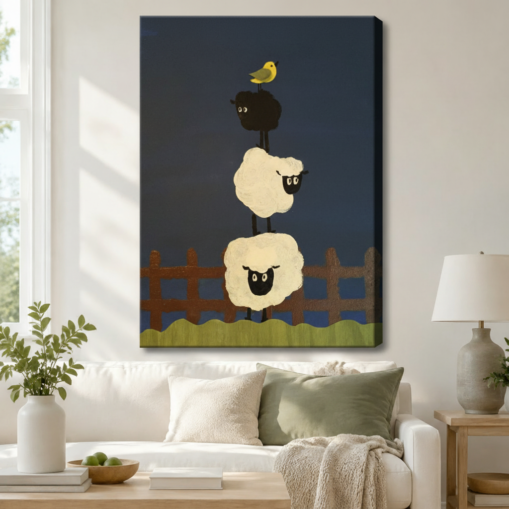 Stacked Sheep Folk Art Navy Canvas Wall Art
